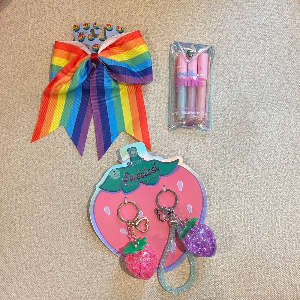 Rainbow Hair Bow with Pink Glitter Strawberry Keychains and lip gloss